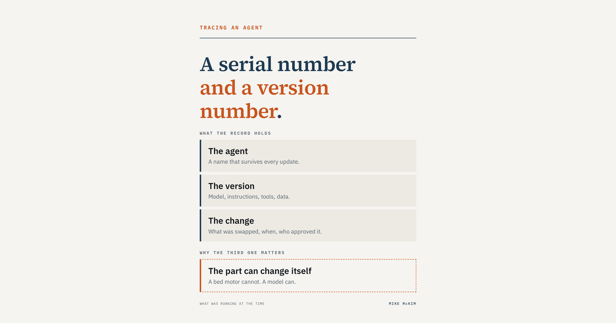 Light card reading "A serial number and a version number," listing what the record holds - the agent, the version, the change - above a dashed box reading "The part can change itself. A bed motor cann